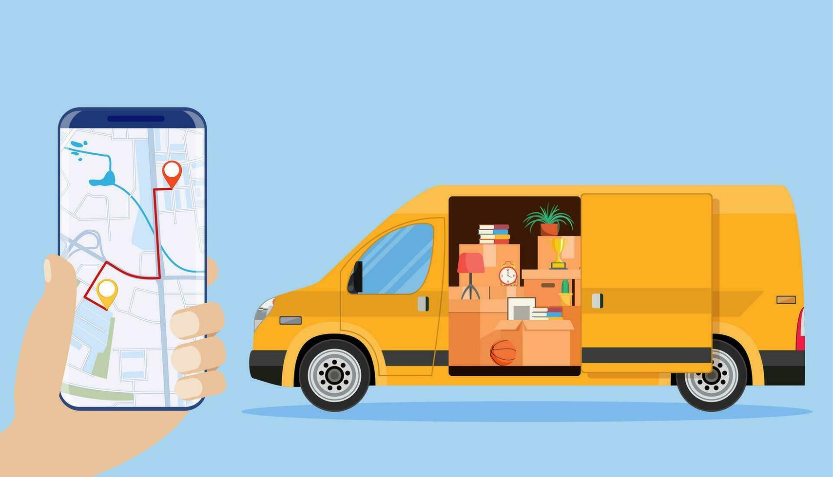 Delivery van with household items, smartphone with map. Moving to new house. Family relocated to new home. Boxes with goods. Package transportation. Internet courier order. Flat vector illustration
