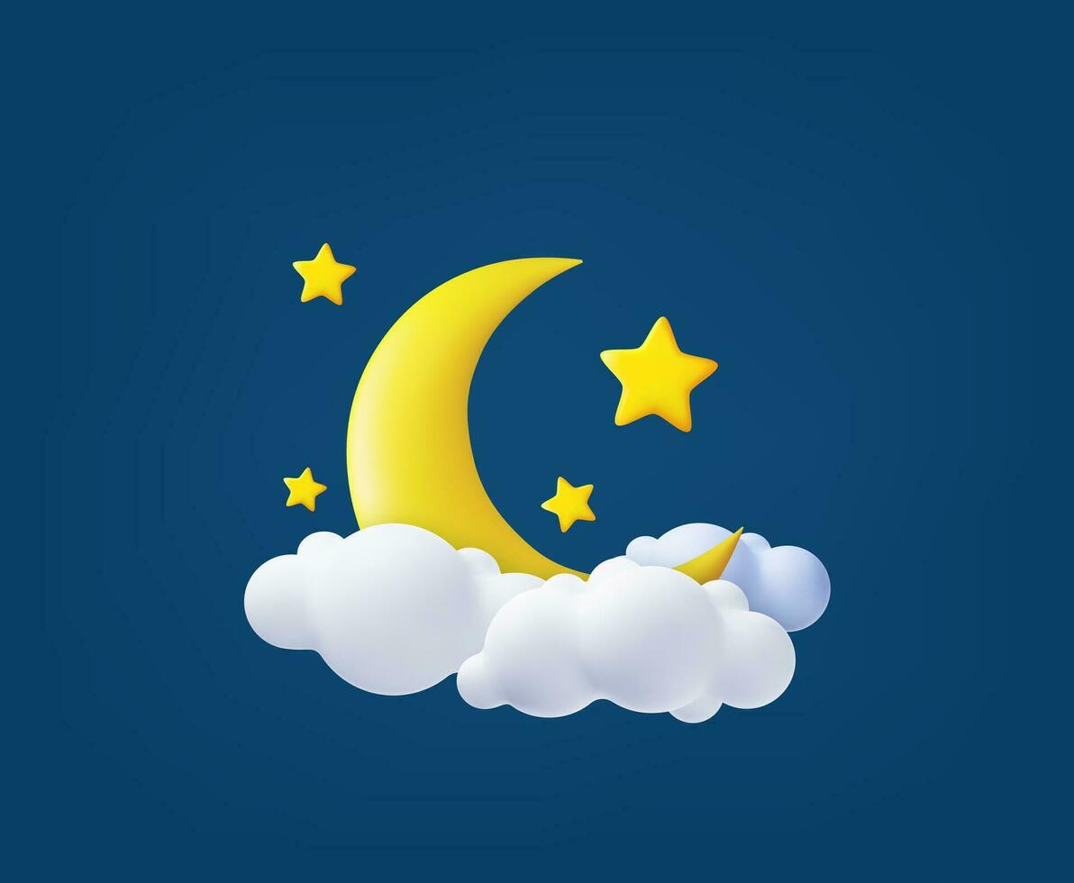 3d creciente luna, dorado estrellas y blanco nubes aislado en azul antecedentes. sueño, canción de cuna, Sueños antecedentes diseño para bandera, folleto, póster. 3d representación. vector ilustración