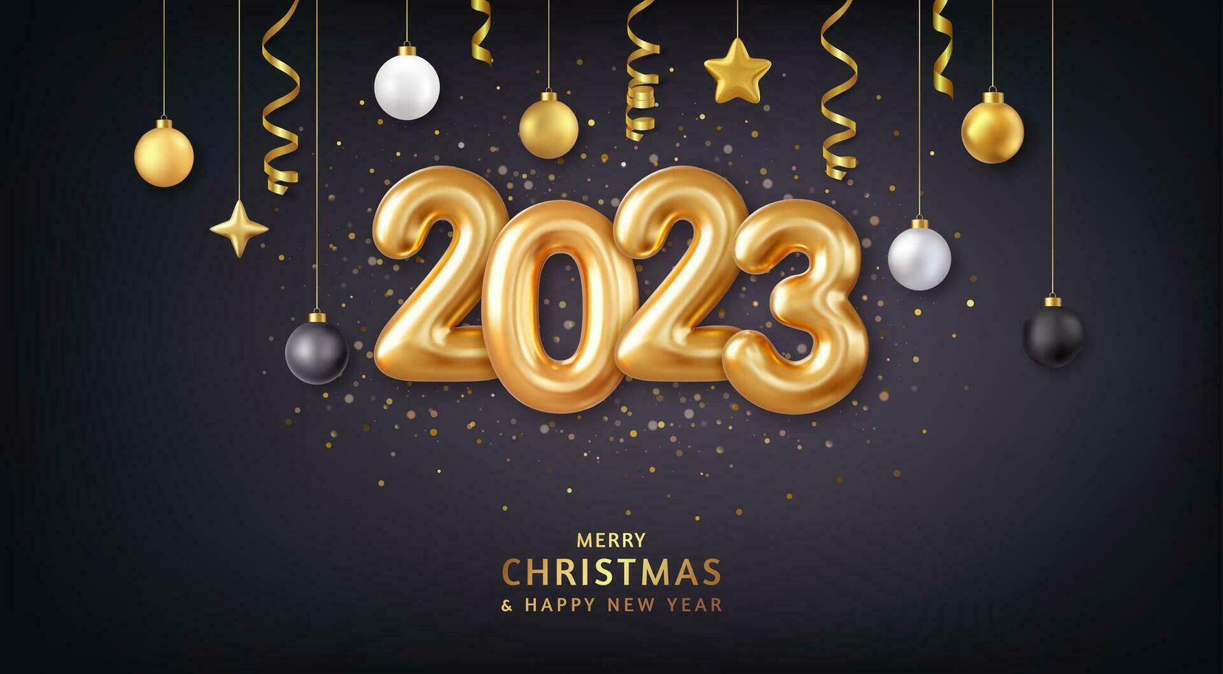 3d Happy new year 2023. Gold Foil Balloons numbers with golden Christmas decoration and confetti on dark blue background. Holiday greeting card design. 3d rendering. Vector illustration