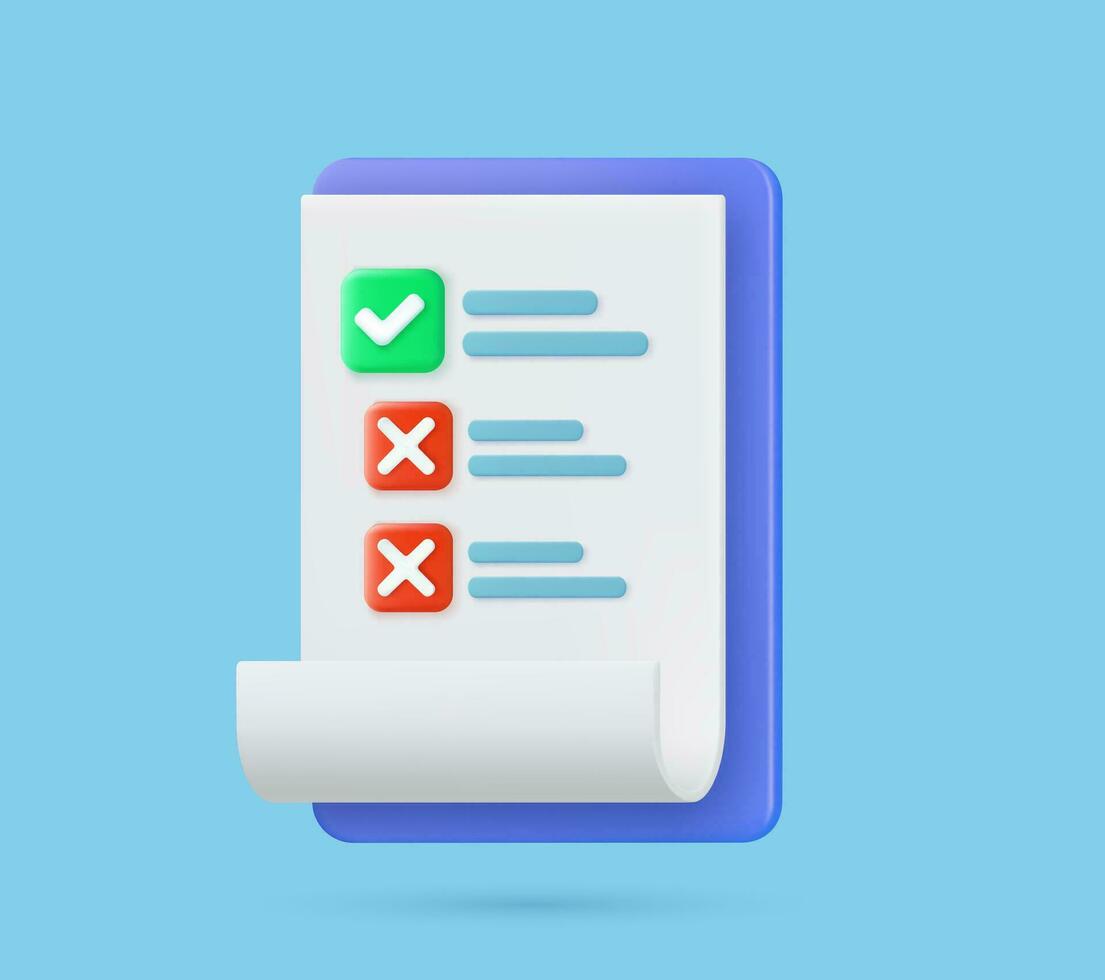 Checklist on 3d clipboard paper. Document in test form with check marks and stripes abstract questions. Cancel and Approved checklist icon. Clipboard and check marks. vector illustration.