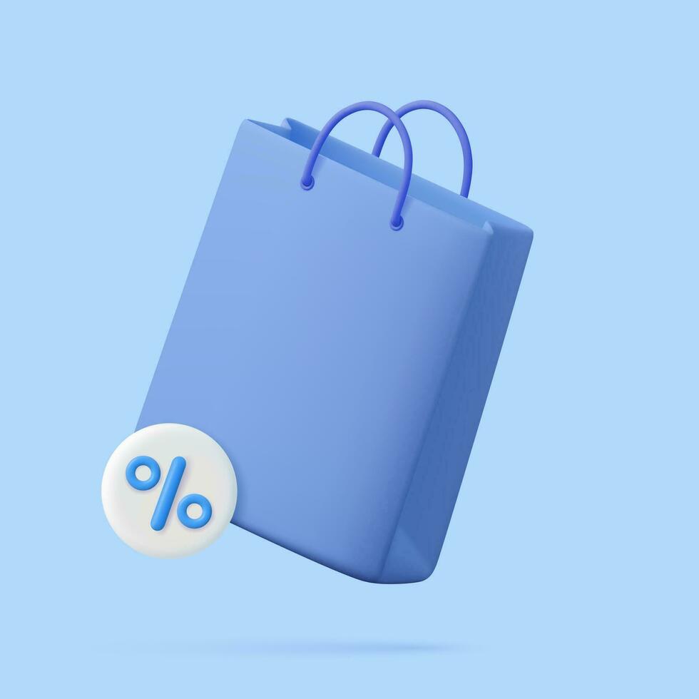 3d Shopping bag, handbag with discount. Sale, discount, promotion, Online shopping concept. Sale on goods. Banner template. 3d rendering. Vector illustration