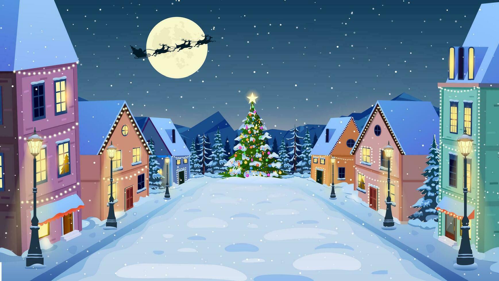 cartoon winter city street with lights in the night in snow fall and christmas tree. Merry Christmas and Happy New Year greeting card. Santa Claus with deers in sky above the city. Vector illustration
