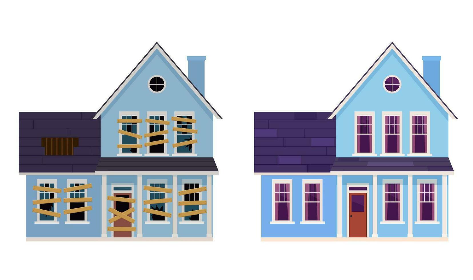abandonado casa. hogar renovación. casa antes de y después reparar. nuevo y antiguo suburbano cabaña. vector ilustración en un plano estilo
