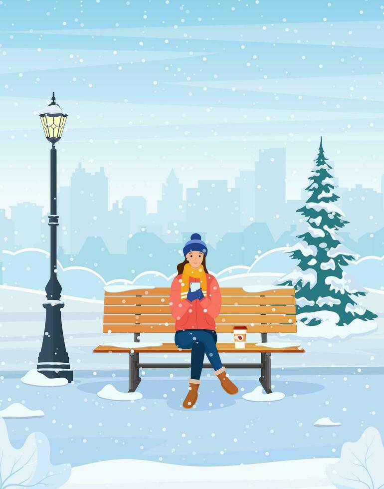 Cartoon beautiful autumn city park with bench. Woman using phone sitting on the bench in the winter park. Vector illustration in flat style