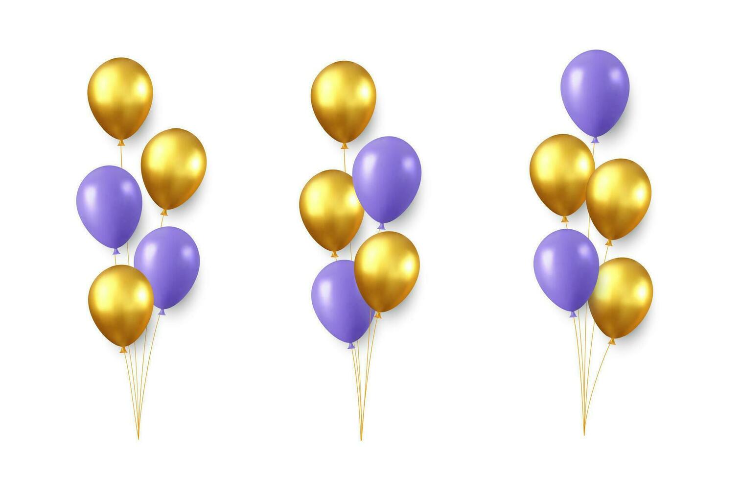Set of festive gold, blue balloons isolated on white background. Color glossy flying baloon, ribbon, birthday celebrate, surprise. 3d rendering. Vector illustration