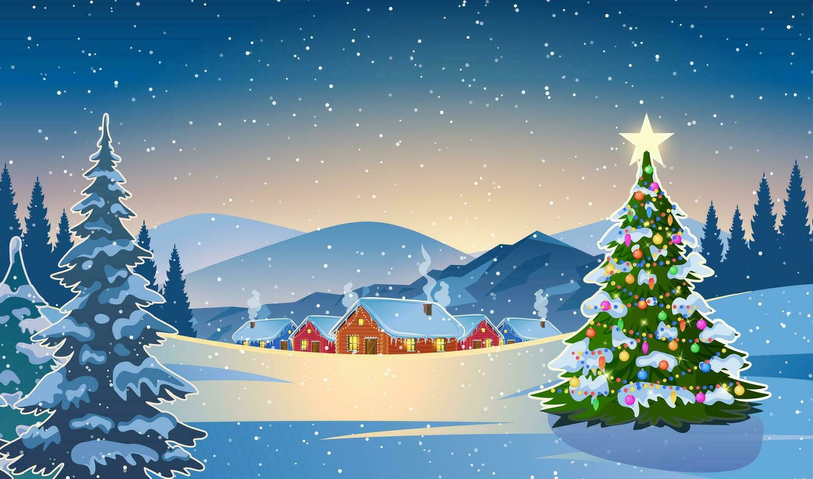 invierno nieve paisaje y casas con Navidad árbol. concepto para saludo o postal tarjeta. invierno nieve paisaje y casas con copos de nieve que cae desde cielo. vector ilustración.