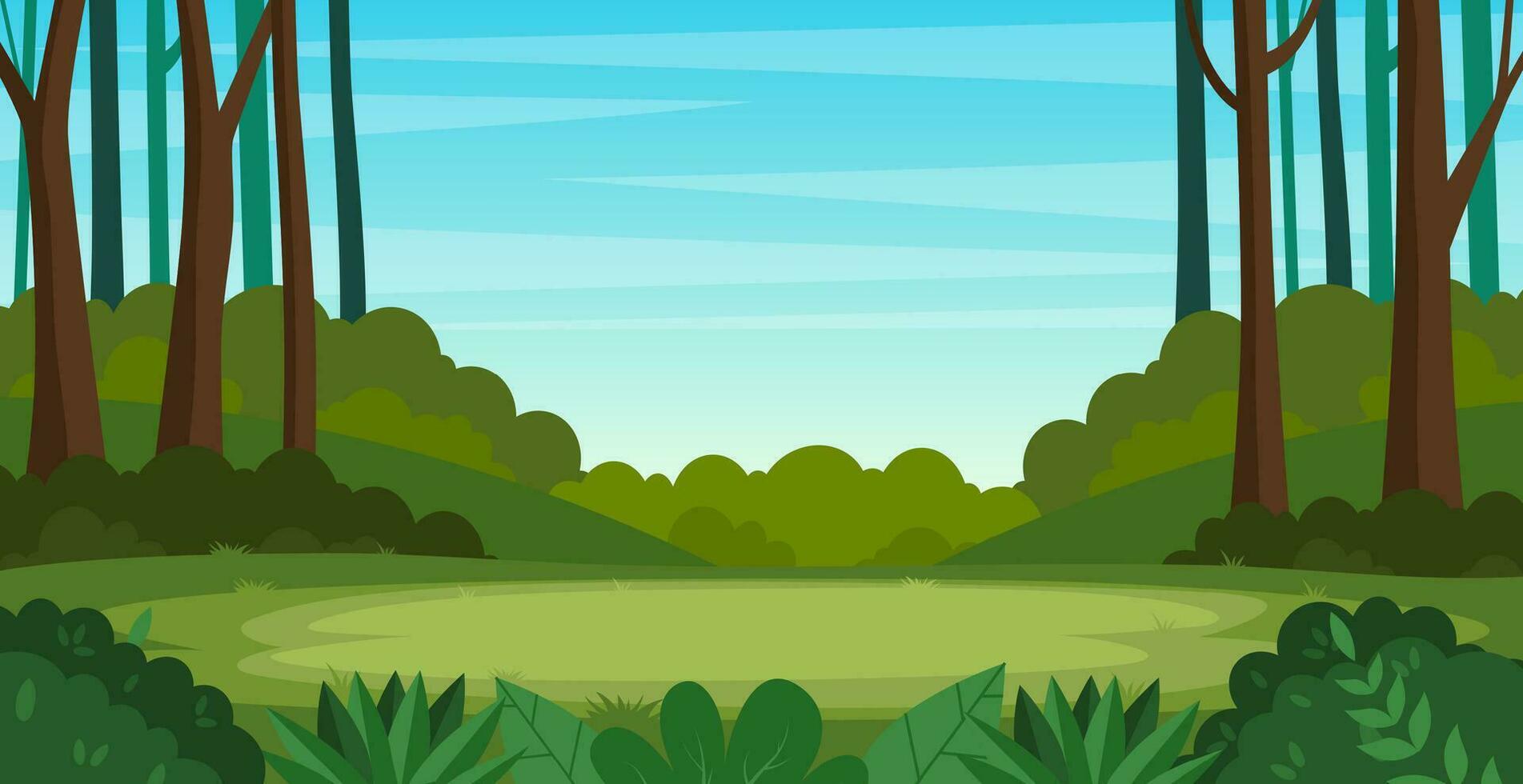 Cartoon forest background, nature landscape with deciduous trees, green grass, bushes. Scenery view, summer or spring wood. Vector illustration in flat style