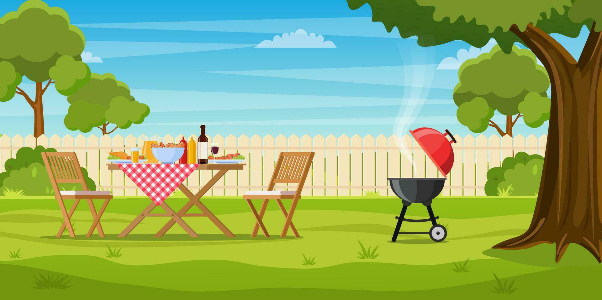 barbacoa fiesta en el patio interior con cerca, árboles, arbustos picnic con parilla en verano césped en parque o jardín comida en mesa, sillas. vector ilustración en plano diseño