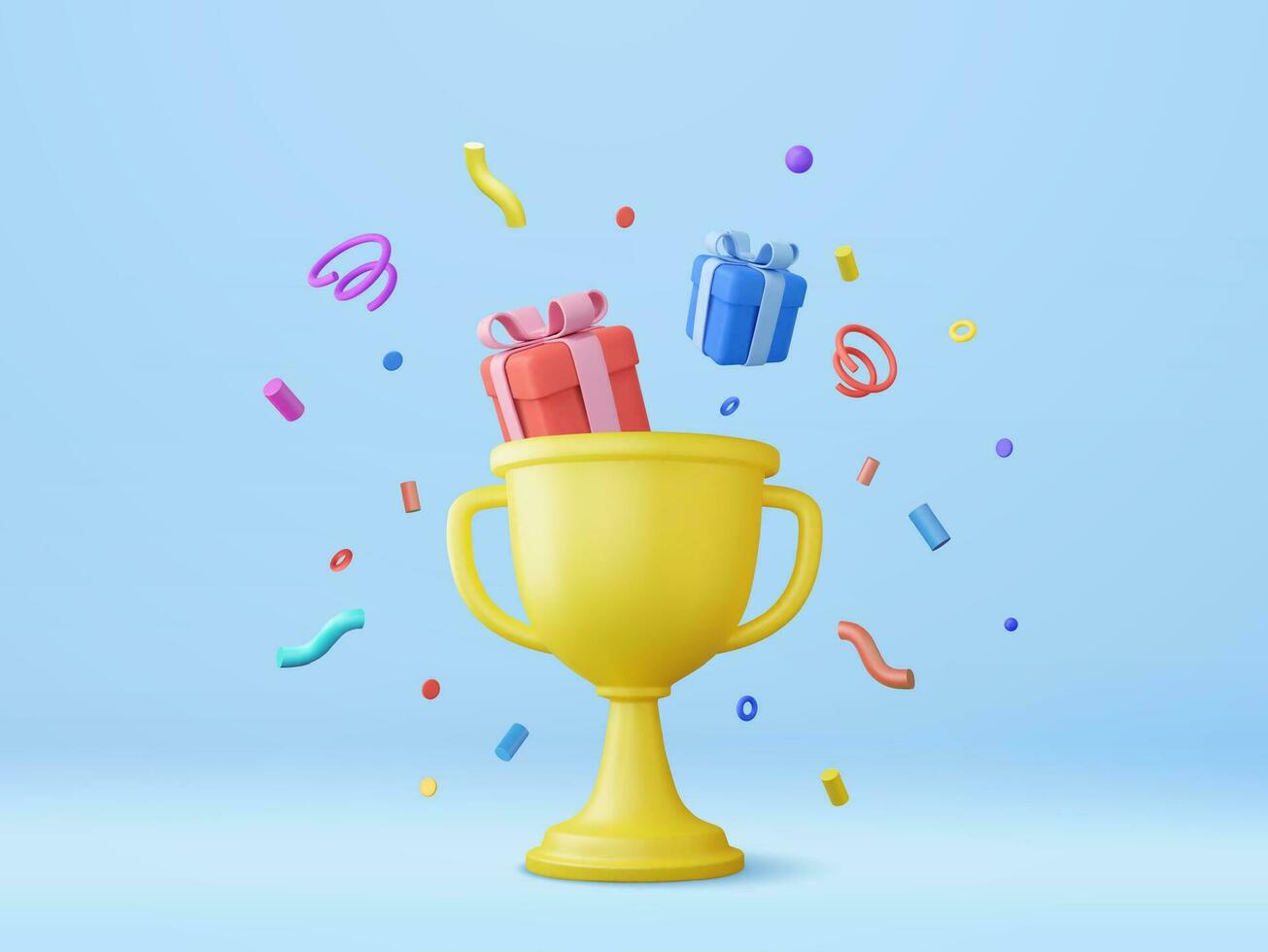 3D Trophy cup with floating gift and geometric shapes on blue background, celebration, winner, champion and reward concept. Business success concept. 3d rendering. Vector illustration