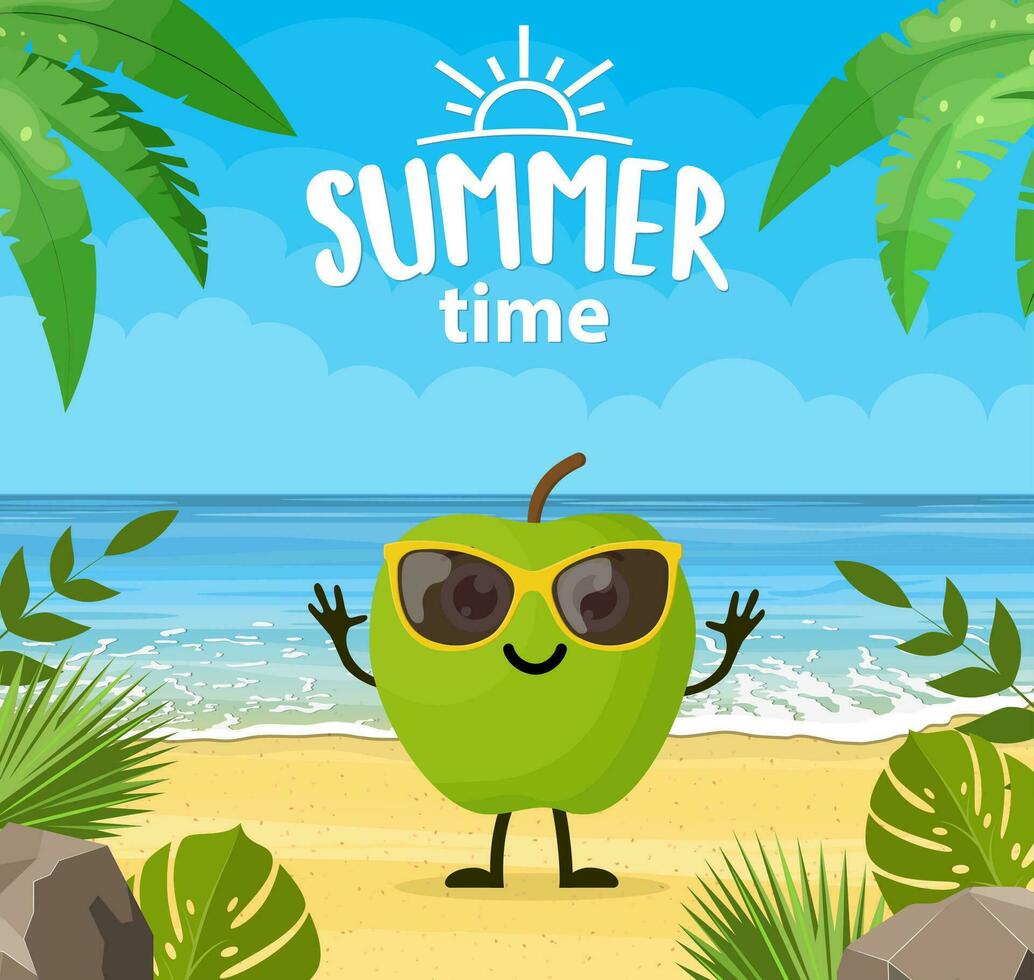 Funny summer banner with fruit characters. Tropical beach. Summer landscape. cartoon apple characters tropical beach. Vector illustration in flat style