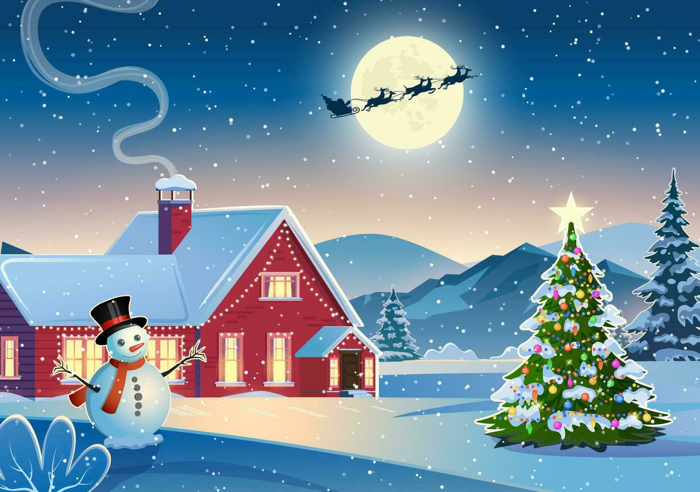 invierno nieve paisaje y casas con copos de nieve que cae desde cielo. invierno ocio, Navidad vacaciones, Nevado sierras, árbol y campos. Papa Noel claus con ciervos en cielo. vector ilustración