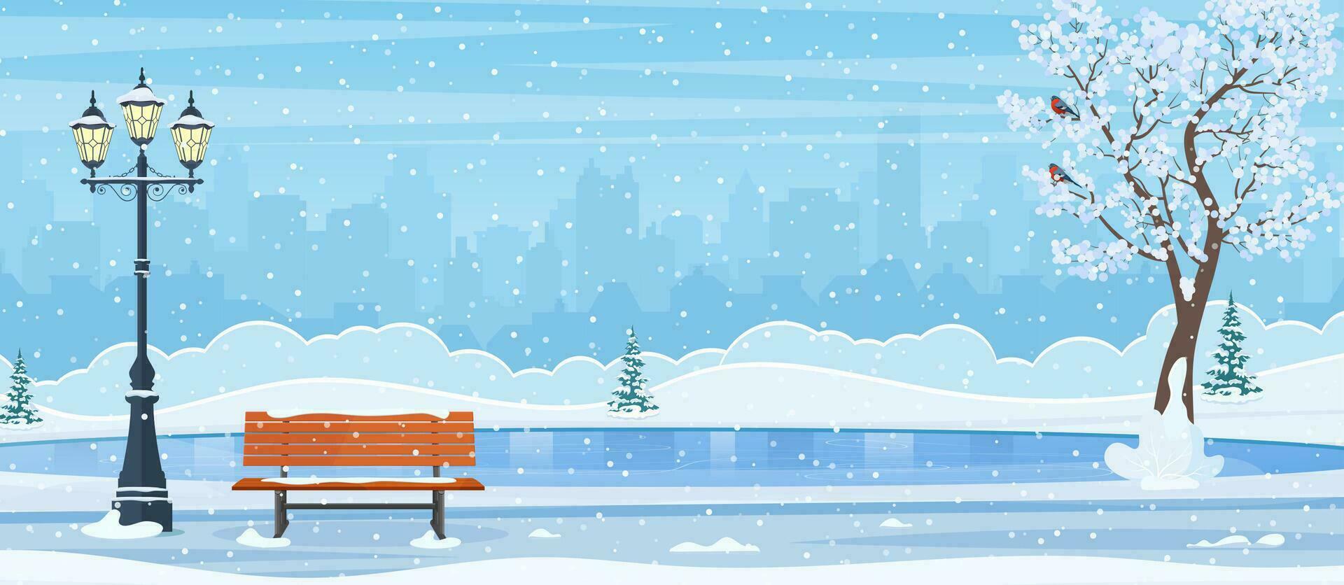 Empty outdoor ice rink for skating and fun winter activities. cartoon frozen landscape. Winter day park scene. Snow covered wooden bench with street lamp. Vector illustration in flat style