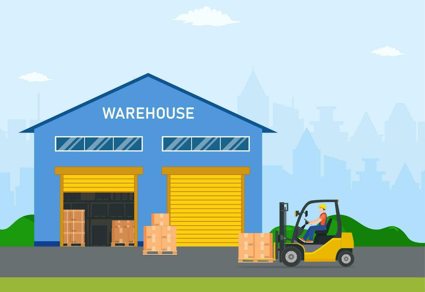 Warehouse industry with storage buildings, forklift and rack with boxes. The loader carries goods to the warehouse. Distribution logistic and cargo delivery concept. Vector illustration in flat style