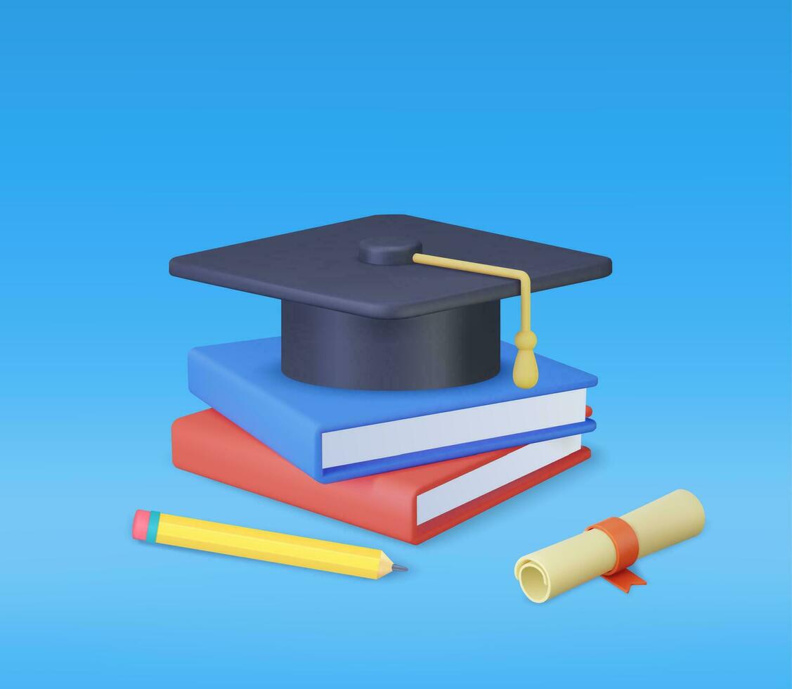 3d graduación gorra, libro y diploma. educación concepto. espalda a escuela, bandera diseño modelo. 3d representación. vector ilustración