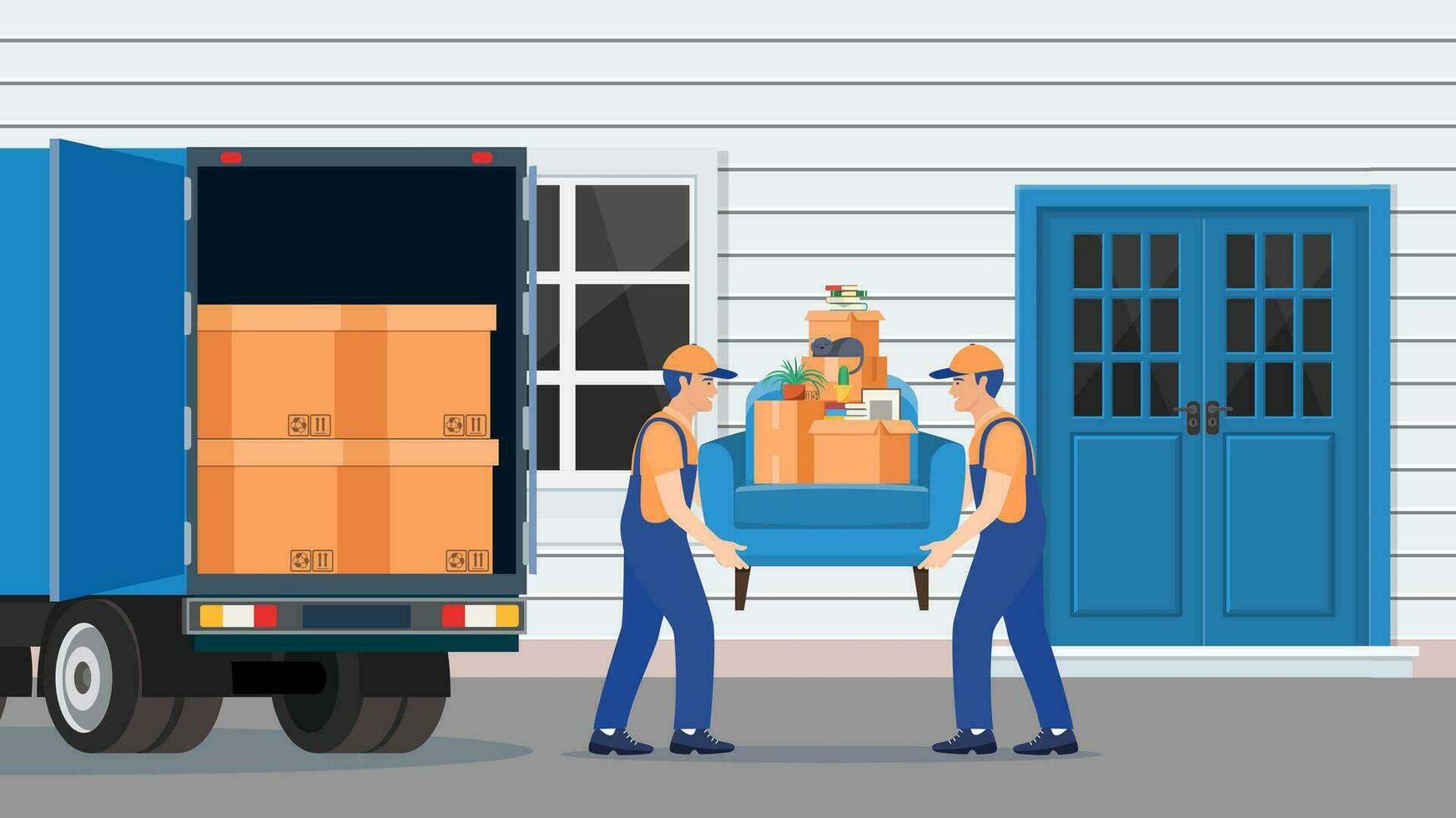 Delivery and relocation service concept. moving house. Delivery character man movers carry sofa with household items. Vector illustration in flat style