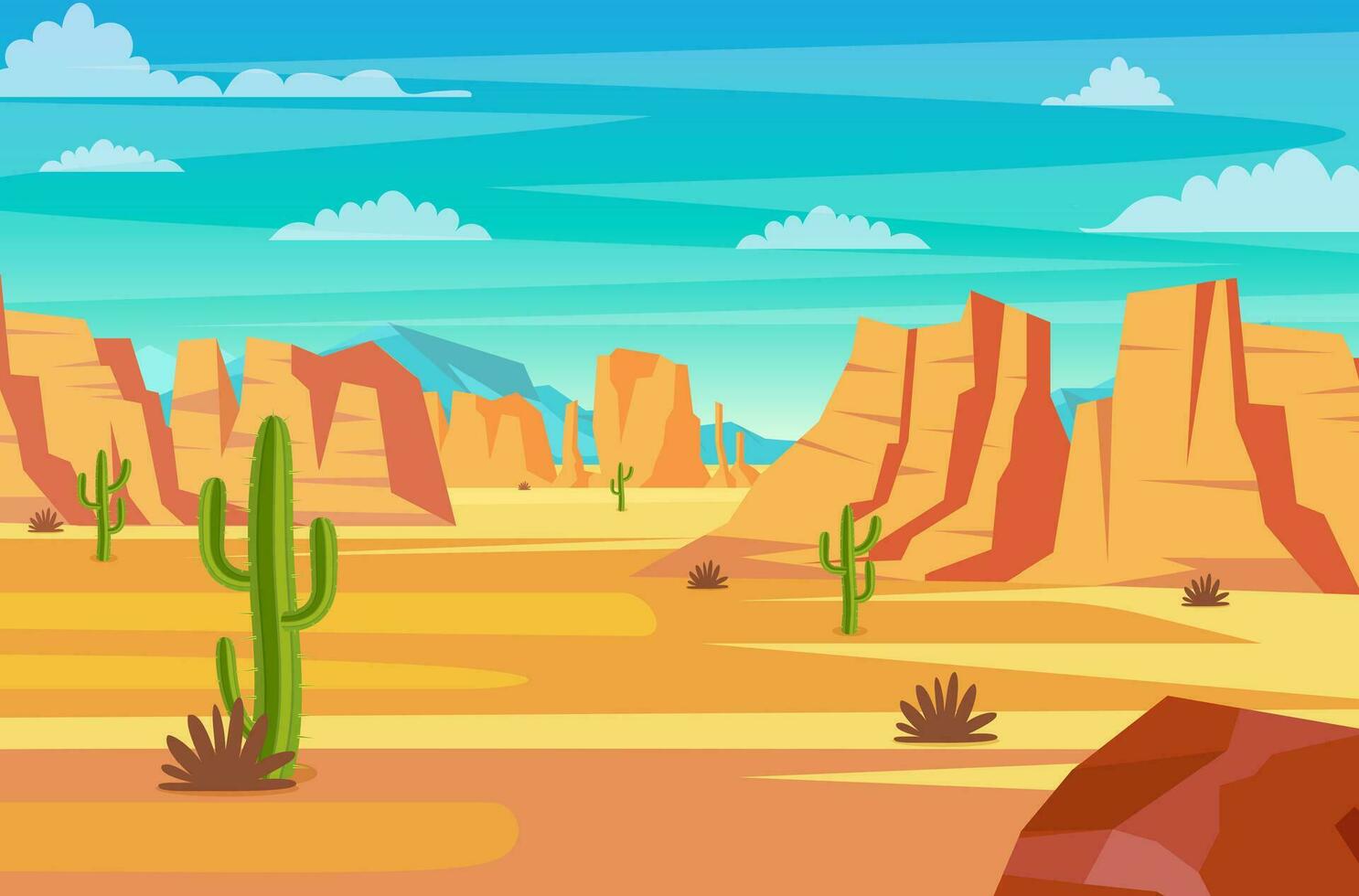 Desierto paisaje. cactus plantas y rocas en el playa. natural antecedentes. paisaje Arizona o mexico caliente arena. vector ilustración en plano estilo