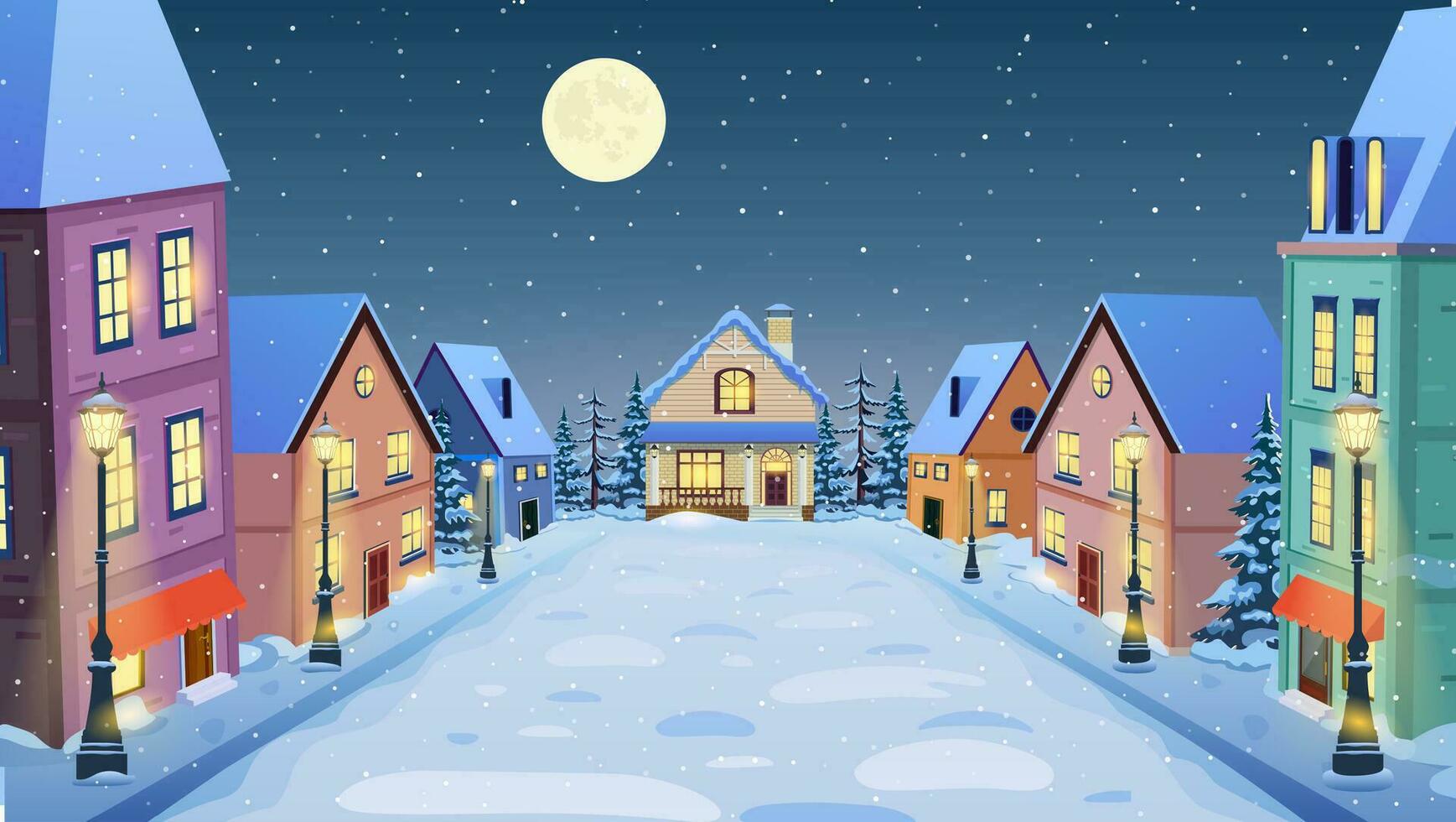 cartoon winter city street with soft street lights in the night in snow fall. Merry Christmas and Happy New Year greeting card background poster. Vector illustration