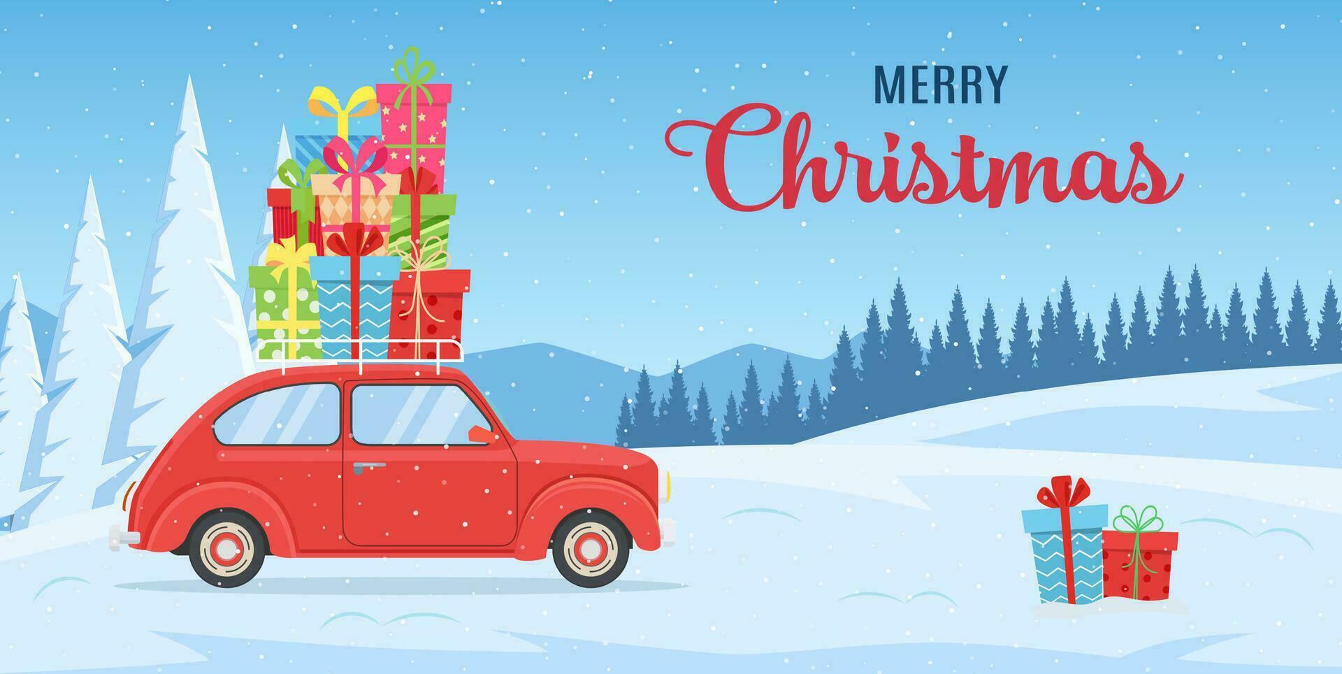 Merry Christmas or Happy New Year greeting card in cartoon style. Snowy landscape with mountains and red retro car with gift boxes. Holiday background, invitation. Vector illustration in flat style