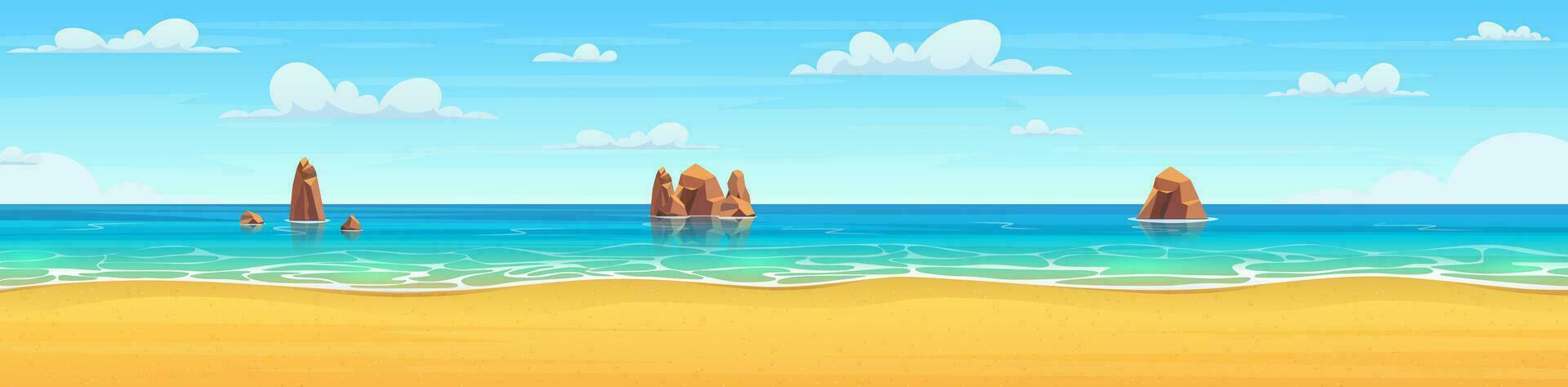 Cartoon summer beach. Paradise nature vacation, ocean or sea seashore. Sea beach landscape. Sea landscape with stones in water and clouds in blue sky. Vector illustration in flat style