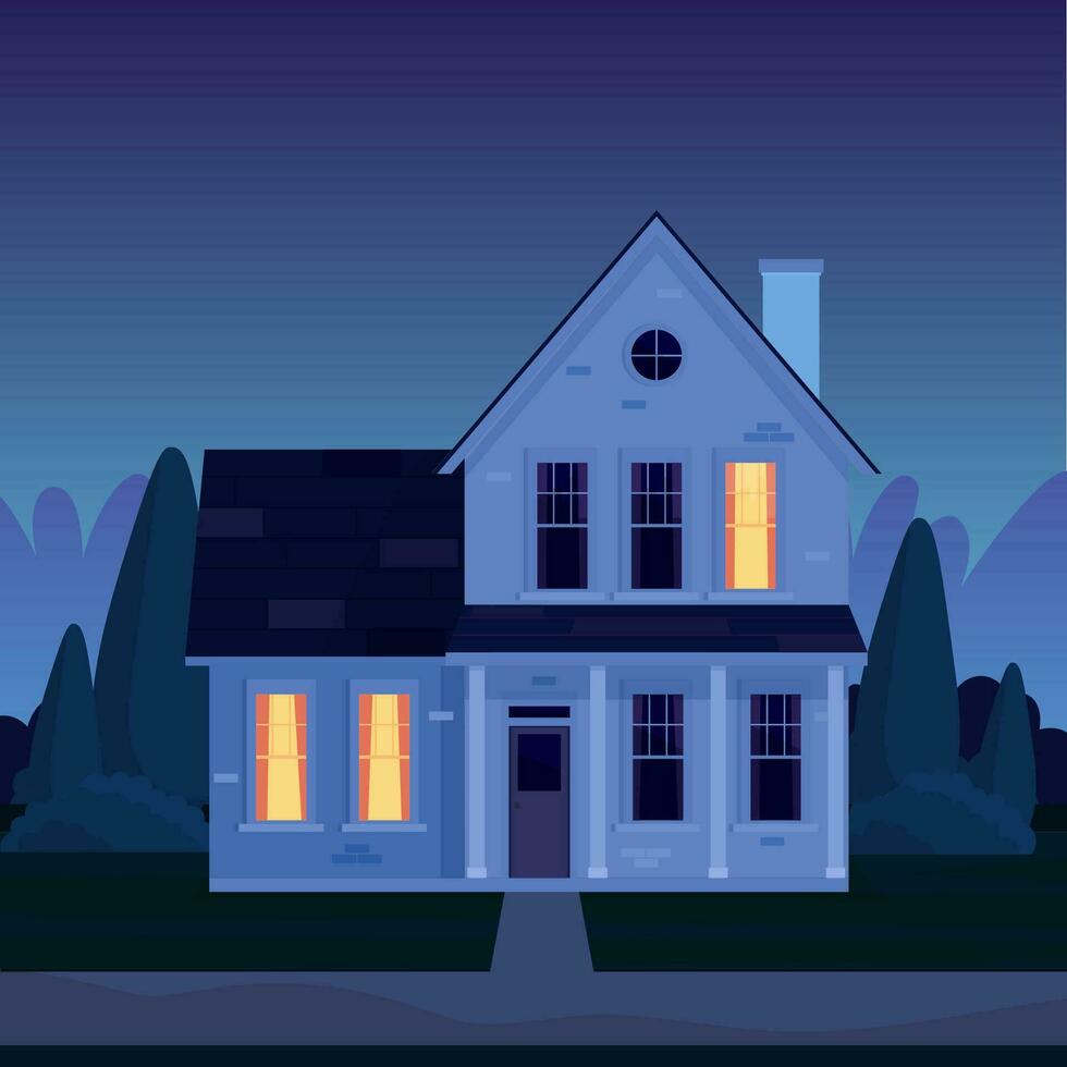 Street in suburb district with residential house at night. cartoon landscape with suburban cottage. City neighborhood with real estate property. Vector illustration in a flat style
