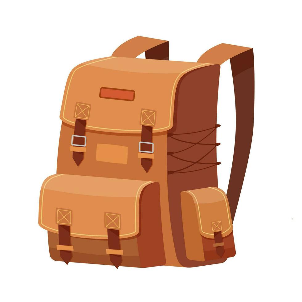 Cartoon camping Backpack as Travel and Tourism icon isolated on white background. Outfit of traveler. Hiking travel. Vector illustration in flat style