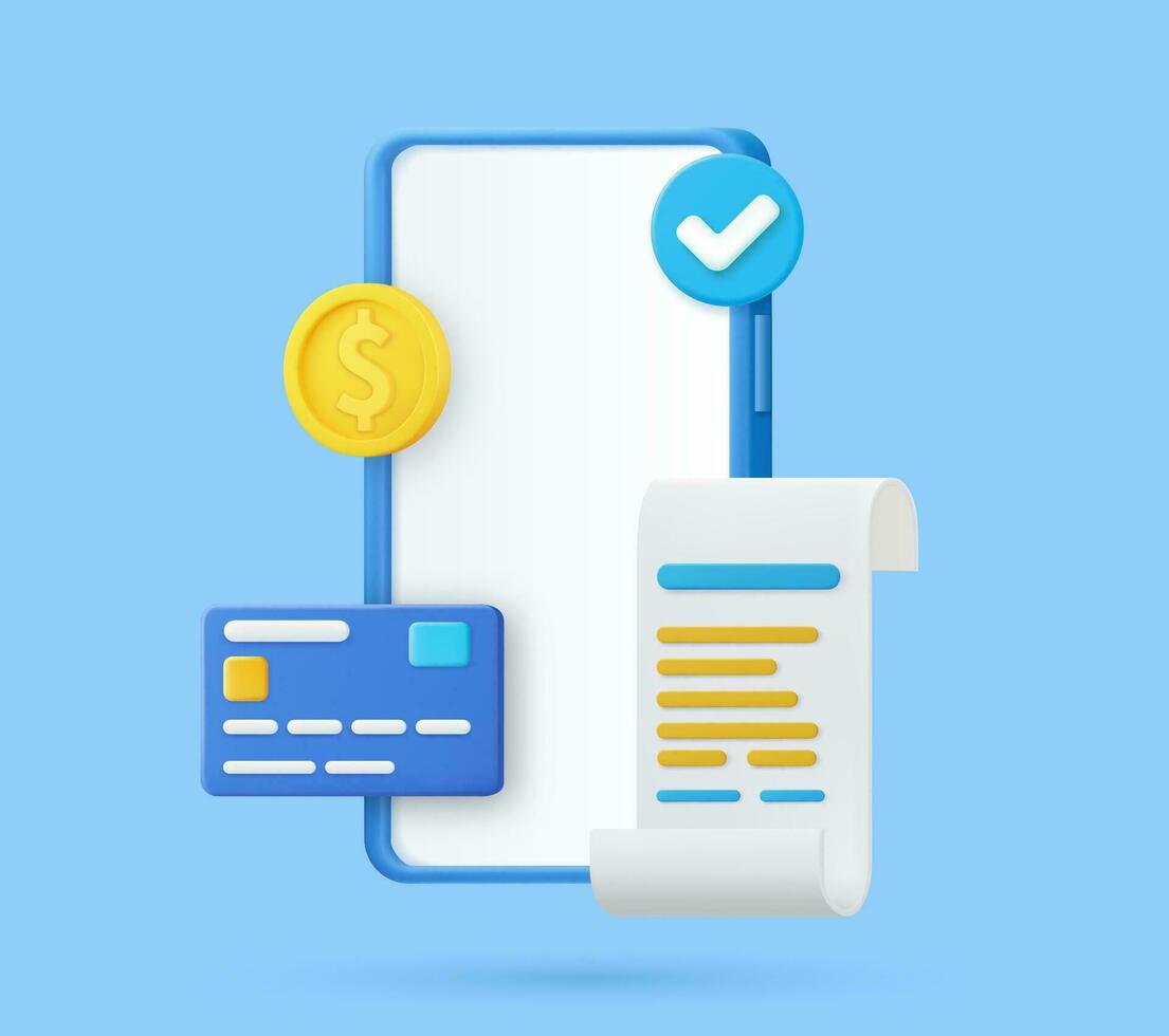 Receipt for smartphone screen. 3D bill payment with credit card and financial security for online shopping, online payment credit card 3D with payment protection concept. Vector illustration