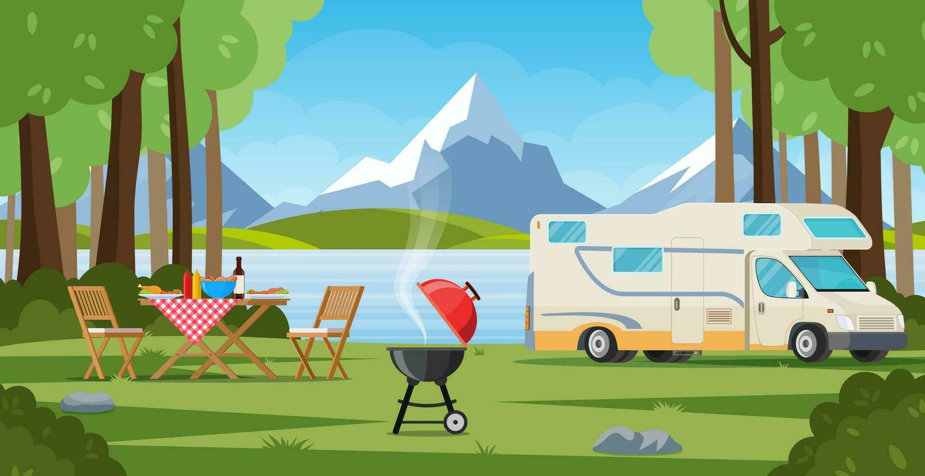 Camper with barbecue folding table deckchair. Summer camping. Outdoor nature adventure, active tourism in summertime background. vector