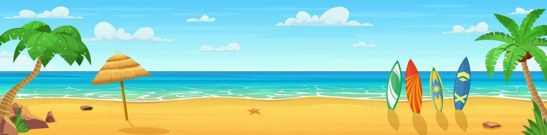 Summertime on the beach with many surfboards. cartoon Palms and plants around. Summer vacation on sea coast. Tropical paradise sandy beach, palm trees and sea. Vector illustration in flat style
