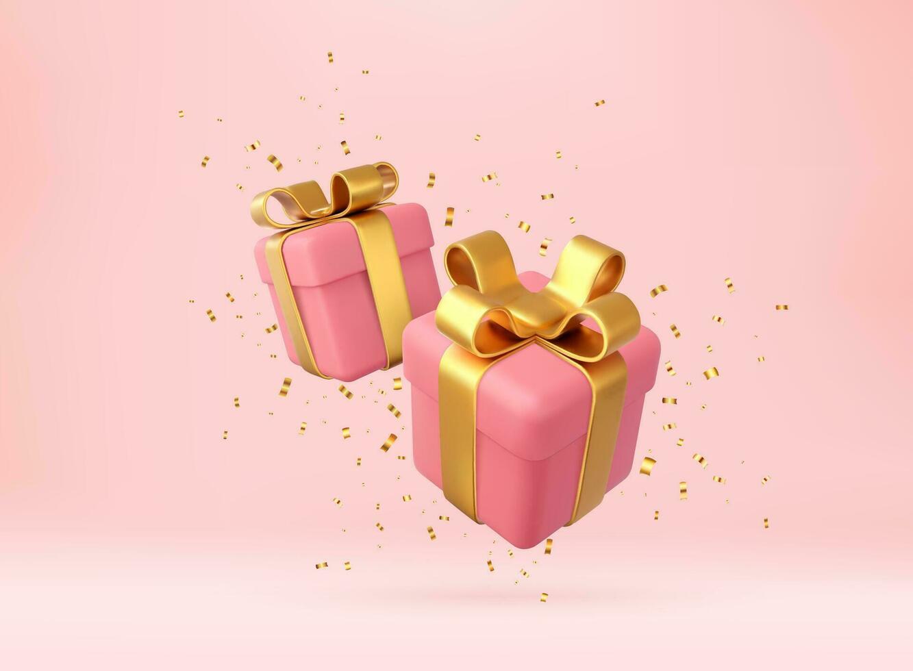 3d pink gift boxes with golden ribbon and bow and gold sequins confetti. Birthday celebration concept. Merry New Year and Merry Christmas gift boxes with golden bows. 3d rendering. Vector illustration