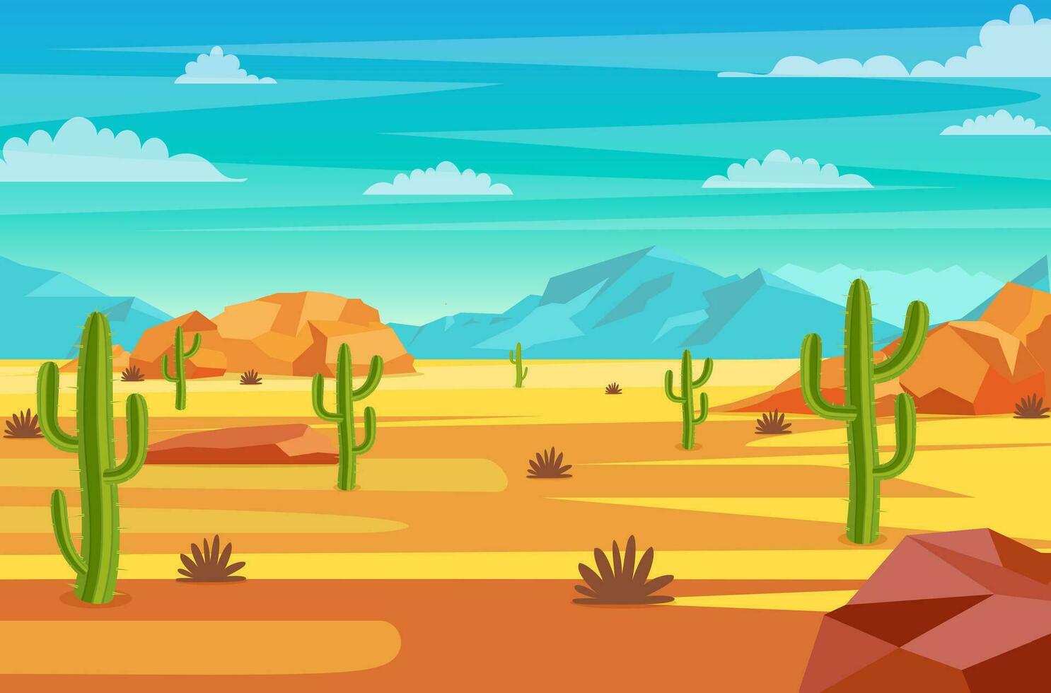 Desierto paisaje. cactus plantas y rocas en el playa. natural antecedentes. paisaje Arizona o mexico caliente arena. vector ilustración en plano estilo