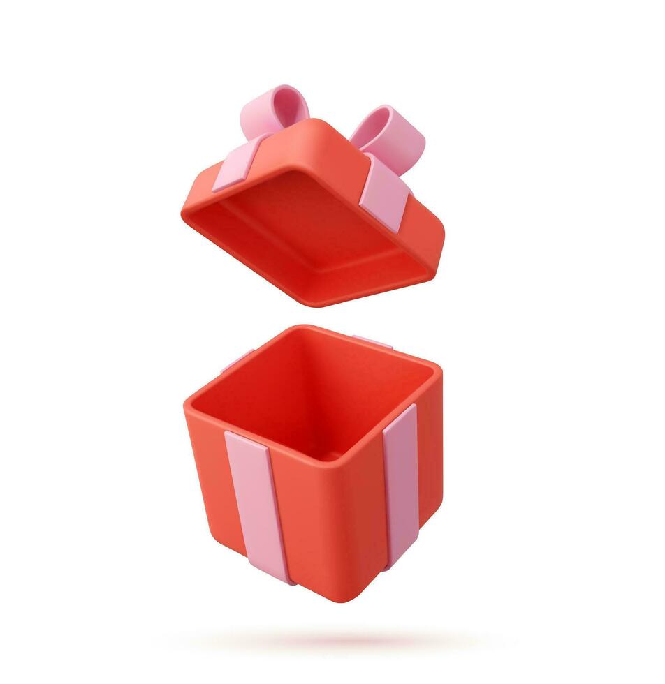 3d render open gifts box isolated on white background. Holiday decoration presents. Festive gift surprise. Realistic icon for birthday or wedding banners. Vector illustration.