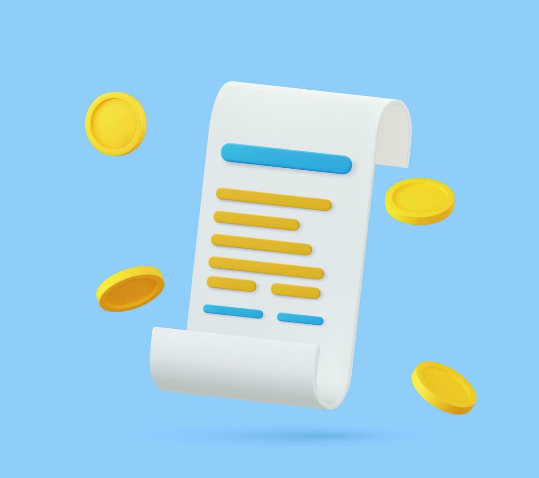 3d Receipt, Invoice, bill icon. 3D bill payment with coin and financial security for online shopping, online payment. Vector illustration