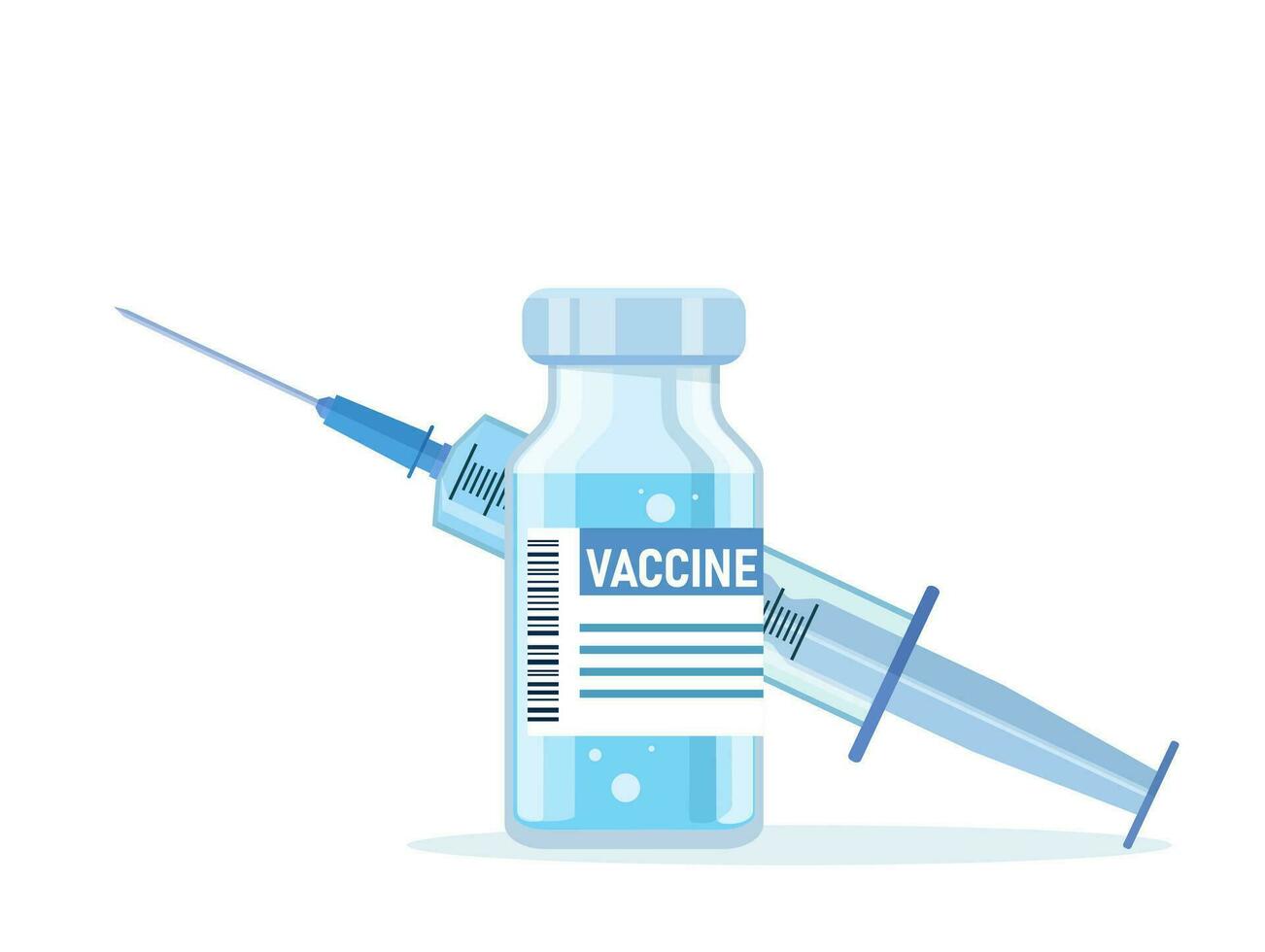Bottle and syringe with blue vaccine injection from covid-19 virus. Covid-19 Coronavirus concept. Syringe for injection and vaccine bottles isolated icon. Vector illustration in a flat style