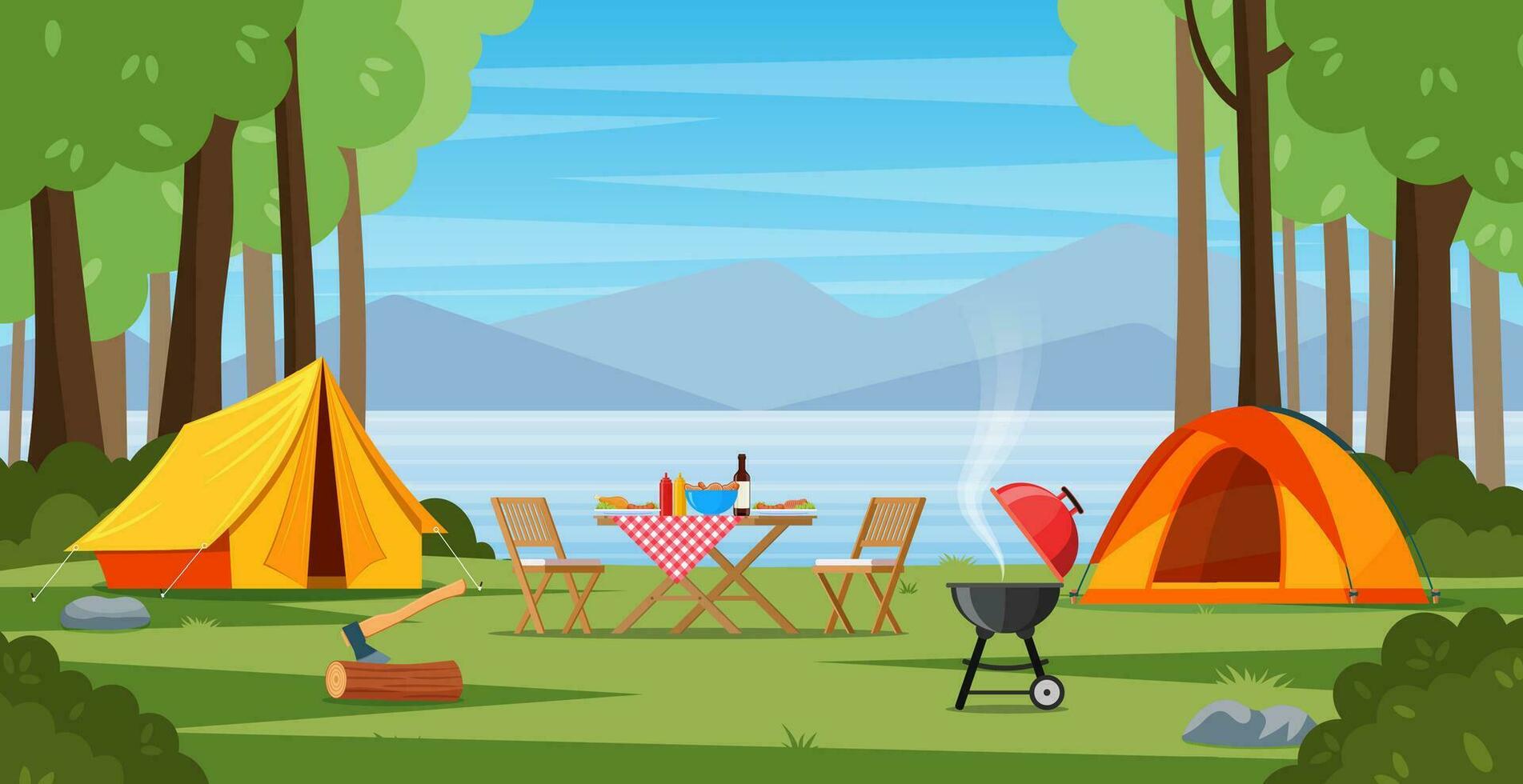 Camping tent near the lake and mountains. Summer or spring landscape. Cartoon tourist camp with picnic spot and tent among forest, mountain landscape. Vector illustration in flat style