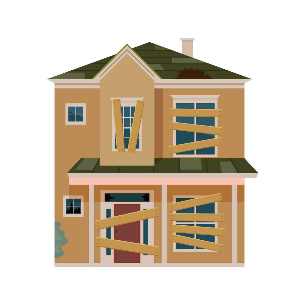 Old abandoned house cartoon. Decaying suburban cottage with broken windows. Vector illustration in a flat style