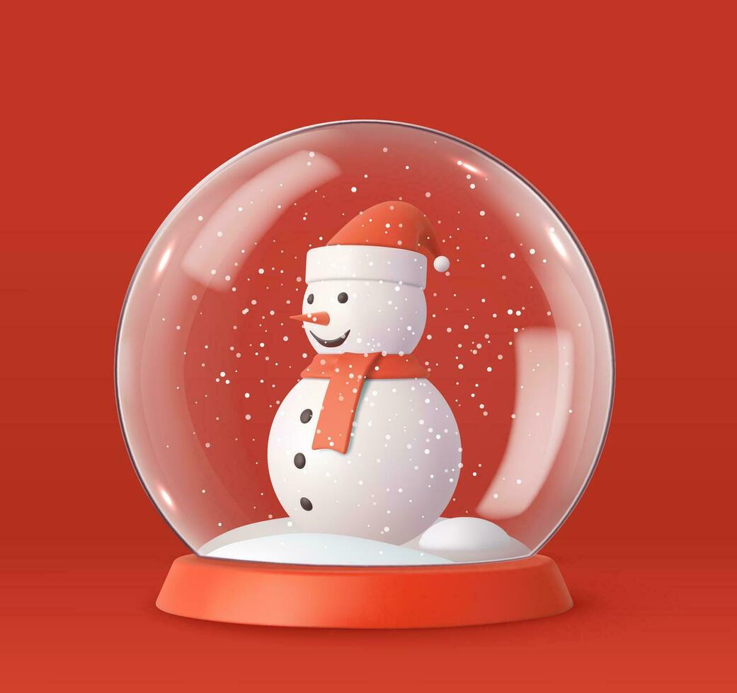 3d Merry Christmas and Happy New Year. Transparent snow globe with snowman and snowflakes. Christmas decorative design. 3d rendering. Vector illustration