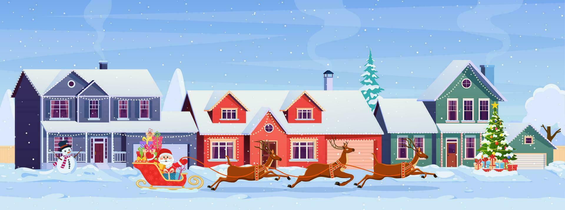residencial casas con Navidad decoración a día. dibujos animados invierno paisaje calle con nieve en techos y fiesta guirnaldas, Navidad árbol, muñeco de nieve. Papa Noel claus con ciervos vector ilustración