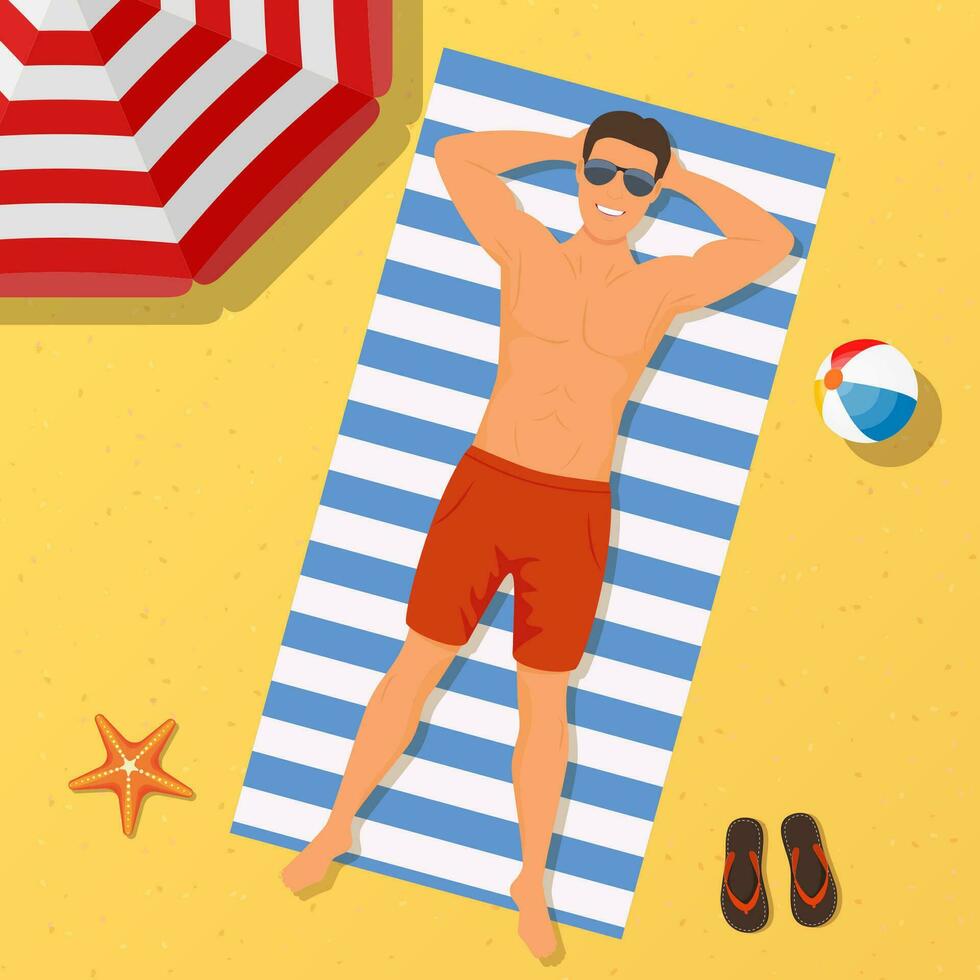 man on the beach. Summer time. man wearing lying on the beach on a white and blue striped towel. Guy rest by sea, relax, chill, suntan. Summer vacation. Vector illustration in flat style