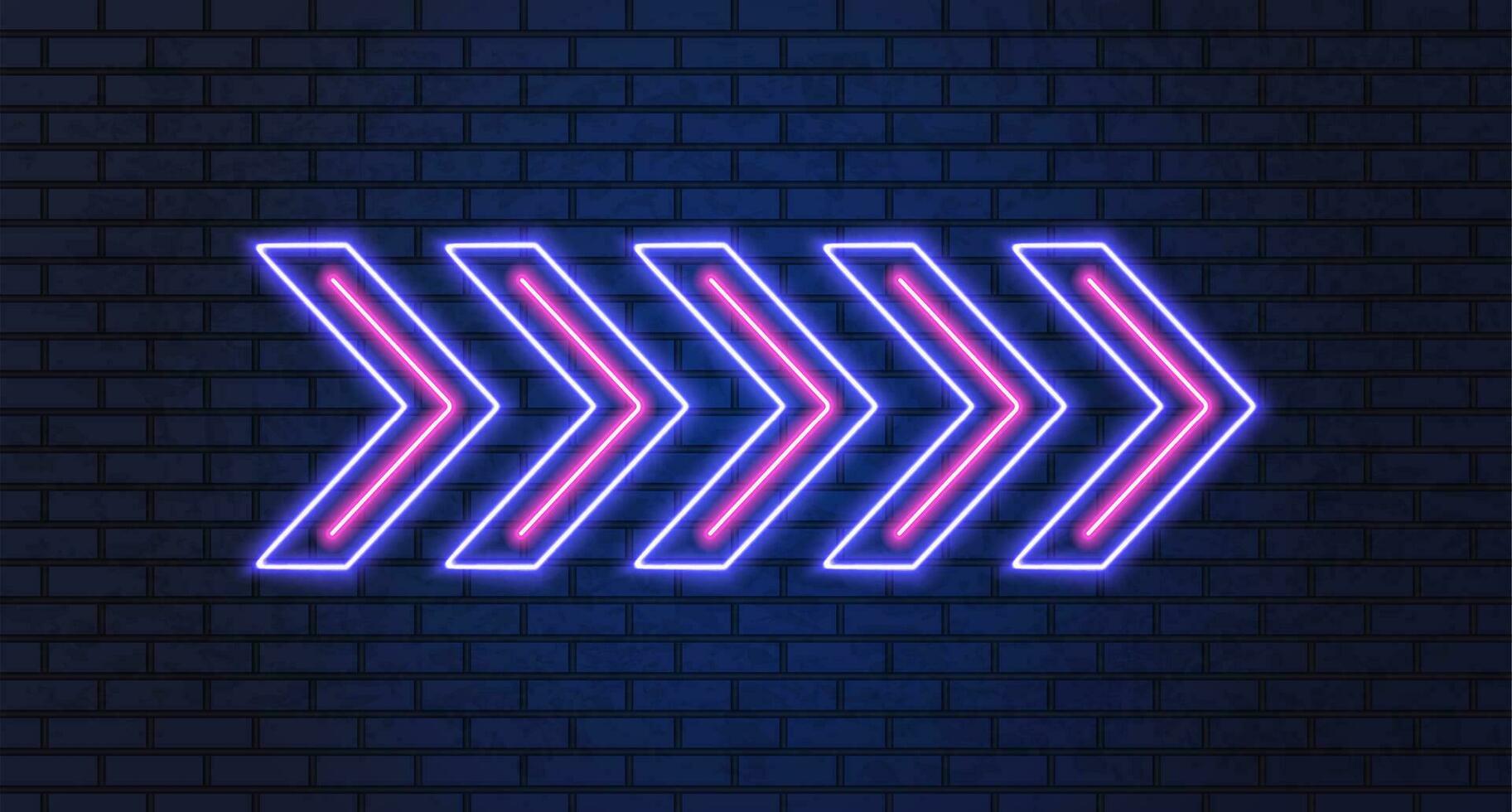 Neon arrow lamp wall sign. Glowing neon arrow pointer on brick wall background. Retro signboard with bright neon tubes. glowing bulb banner. Vector illustration.