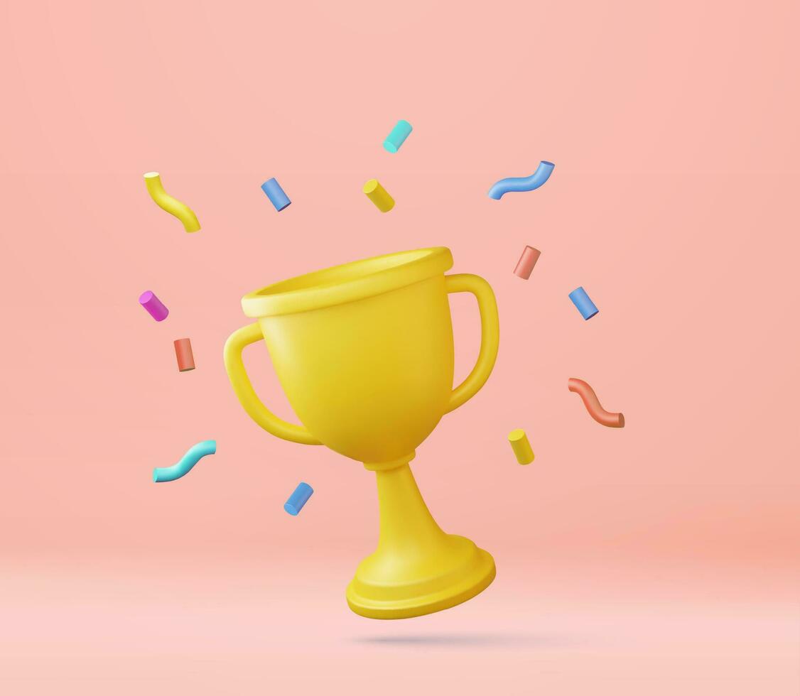 3d prize winner icon with golden cup, winners stars with objects floating around. prize award with confetti. 3d rendering. Vector illustration