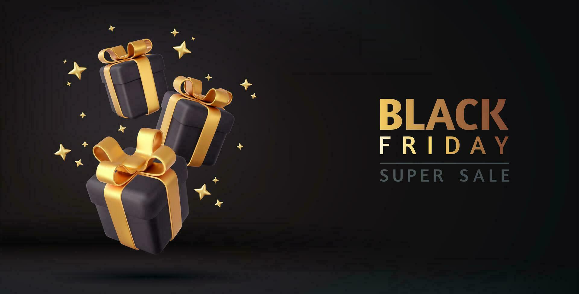 3d Black Friday sale background. Dark gift box with gold confetti. New Year and Christmas design. Xmas decorative surprise object. 3d rendering. Vector illustration
