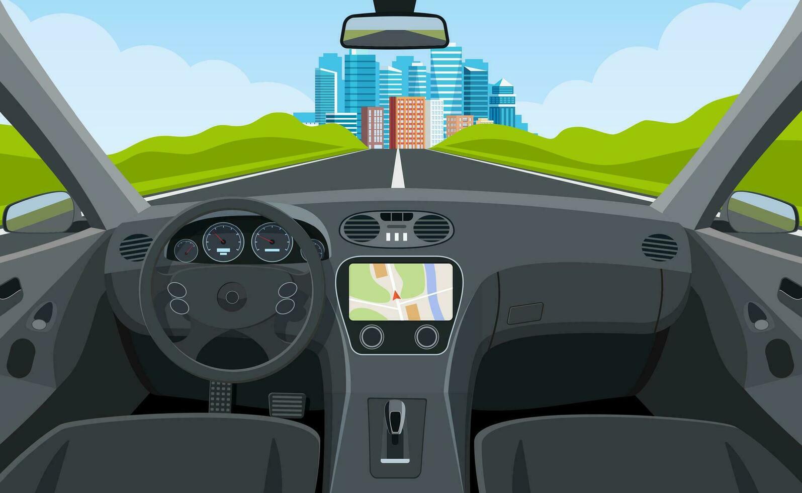 View of the road from the car interior. Road way to city buildings on horizon. Vehicle salon, inside car driver. modern big skyscrapers town far away ahead. Vector illustration in flat style