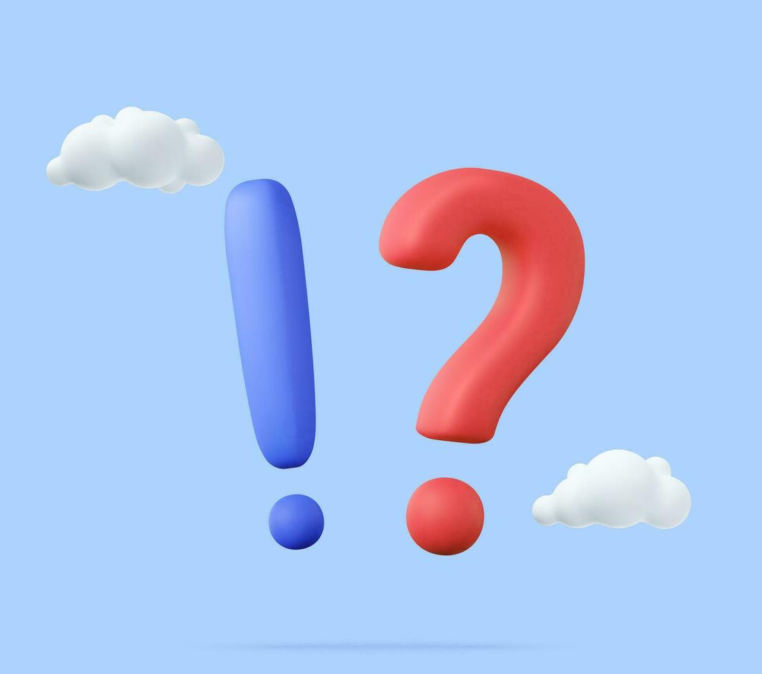3d Exclamations and Question Marks. FAQ concept. Ask Questions and receive Answers. Online Support center. Frequently Asked Questions. 3d rendering. Vector illustration