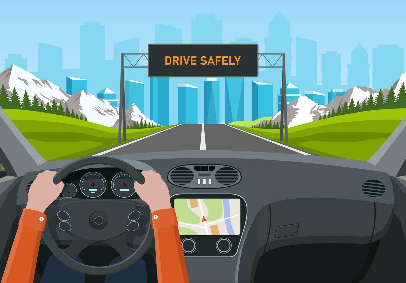 Drive safely concept. The driver s hands on the steering wheel. Drive safely warning billboard. View of the road from car interior. Vehicle salon, inside car driver . Vector illustration in flat style