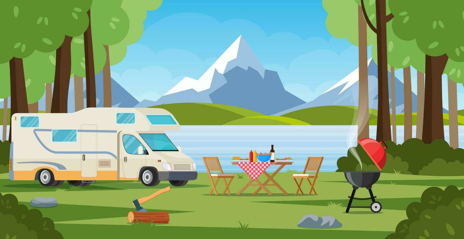 Camper with barbecue folding table deckchair. Summer camping. Outdoor nature adventure, active tourism in summertime background. vector