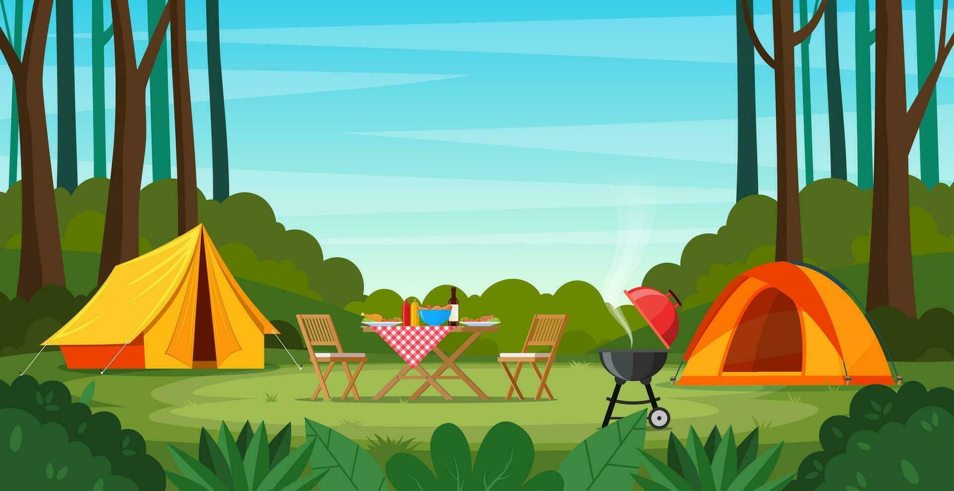 Camping tent in forest. Summer or spring landscape. Cartoon tourist camp with picnic spot and tent among forest, Vector illustration in flat style