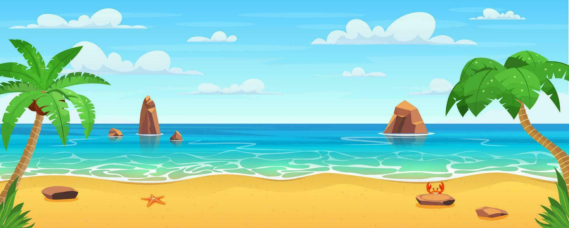Cartoon summer beach. Paradise nature vacation, ocean or sea seashore. Sea beach landscape. Sea landscape with stones in water and clouds. panorama with palm trees. Vector illustration in flat style