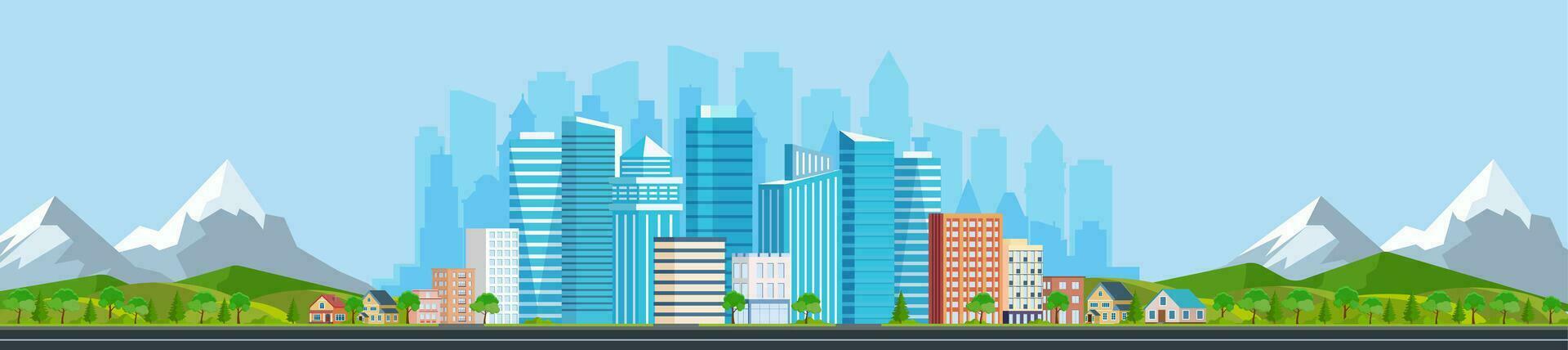 Landscape with buildings, mountains and hills. city concept and suburban life. City street, large modern buildings, skyscrapers and suburb with private houses. Vector illustration in flat style