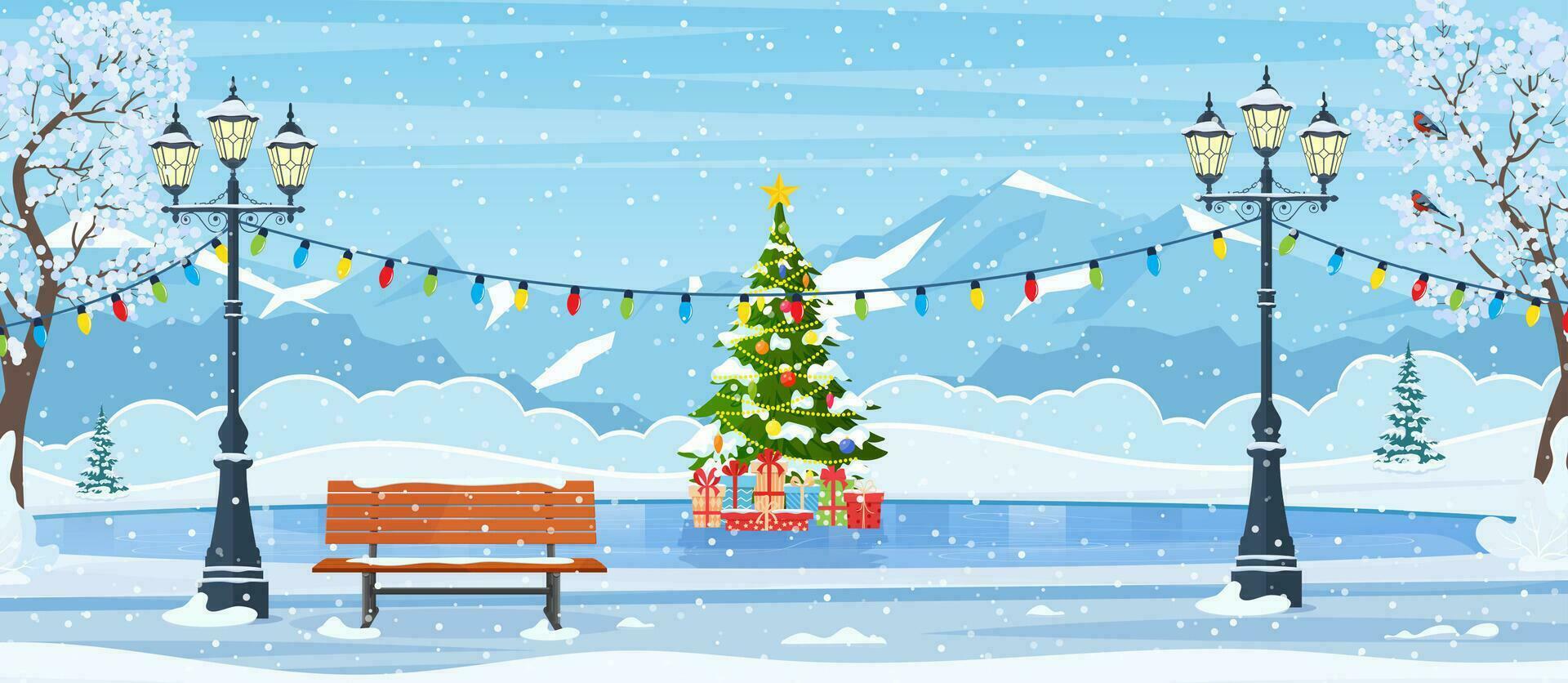 Christmas ice rink with fir tree decorated with illumination. Empty public place in park for skating. cartoon frozen landscape with mountain. Winter day park scene. Vector illustration in flat style