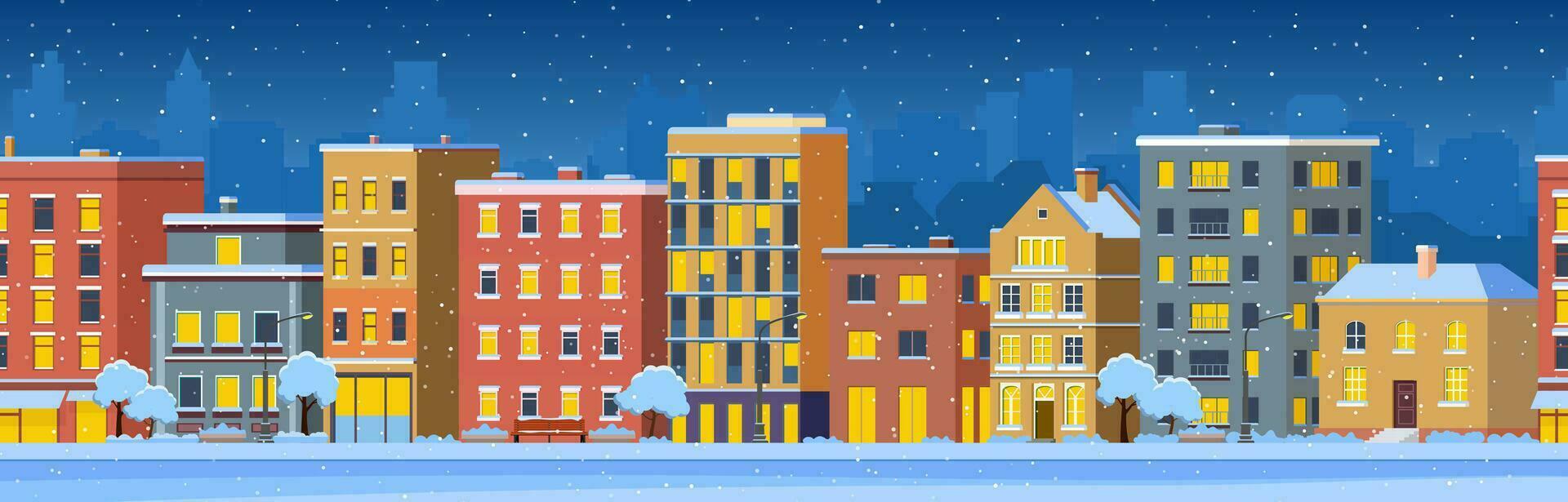 ciudad edificio casas invierno calle paisaje urbano en el noche antecedentes. alegre Navidad contento nuevo año concepto horizontal bandera. vector ilustración en plano estilo
